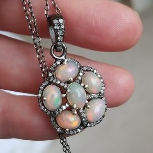 Opal & diamond sterling silver pendant
